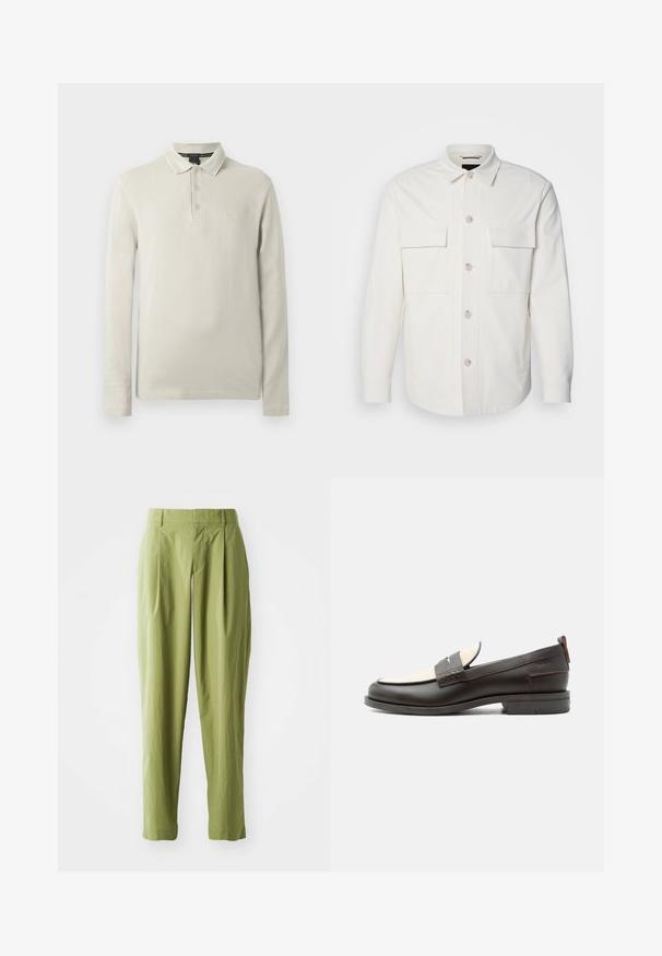Veste blanche en tissu doux, dotée de deux poches avant, d'une fermeture à boutons avec des boutons de couleur claire et d'un col classique.; Polo à manches longues de couleur beige clair, confectionné dans un tissu doux. Comprend un col, une patte de boutonnage à trois boutons et une broderie discrète du logo sur la poitrine.; Pantalons vert clair en tissu texturé, présentant une coupe droite, des plis à l'avant et une taille standard.; Mocassin homme en cuir marron foncé avec panneau en tissu écru et détail classique de bride cousue, semelle plate et languette au talon.