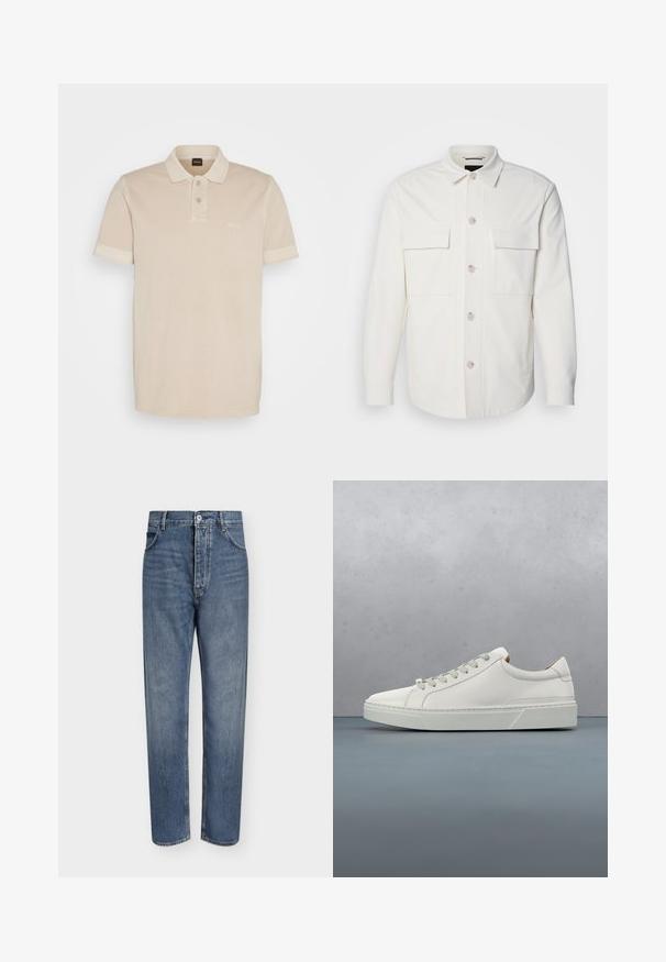 Hvid skjortejakke lavet af blødt stof, med to forlommer, en knaplukning med lyse knapper og en klassisk krave.; Beige polo-shirt lavet af blødt bomuld. Den har en klassisk krave, to knapper og et lille broderet logo på brystet.; Straight-leg blå denim jeans med høj talje, frontknaplukning og fem-lomme design på en ensartet lys baggrund.; Hvid lædersneaker med rund tå, minimalistisk design, grå snørebånd og en tekstureret grå gummisål. Subtile syningsdetaljer er synlige.