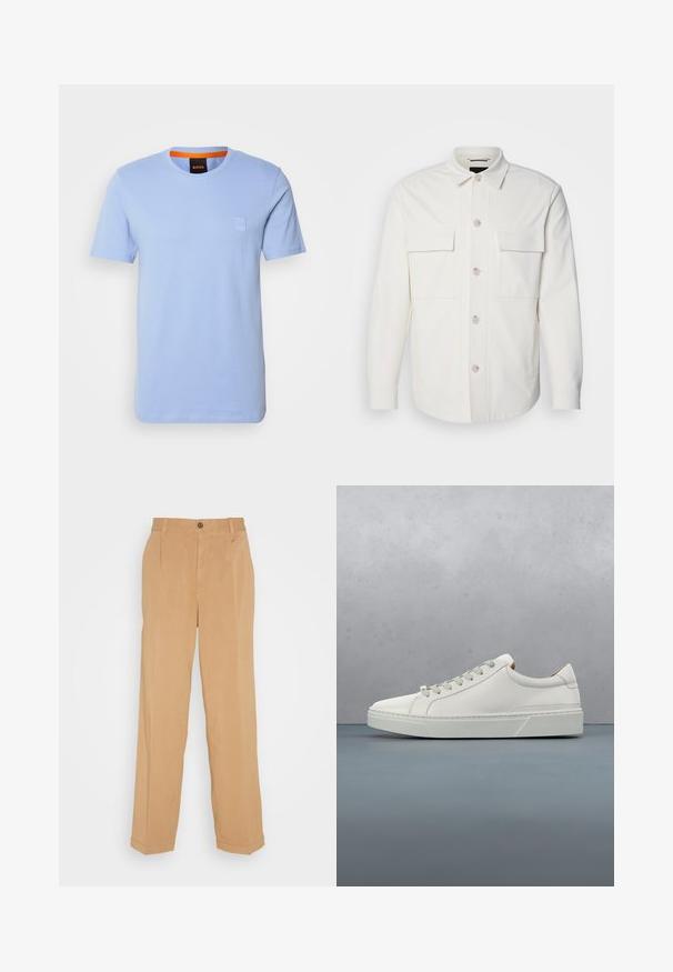 Veste blanche en tissu doux, dotée de deux poches avant, d'une fermeture à boutons avec des boutons de couleur claire et d'un col classique.; T-shirt en coton bleu clair à manches courtes, à col rond, avec un petit patch logo en relief sur la poitrine. Col intérieur orange contrastant.; Pantalons larges beiges en tissu doux, dotés de deux poches avant, d'une fermeture à bouton et de plis le long des jambes.; Baskets en cuir blanc avec un bout arrondi, design minimaliste, lacets gris et semelle en caoutchouc gris texturé. Détails de couture subtils visibles.