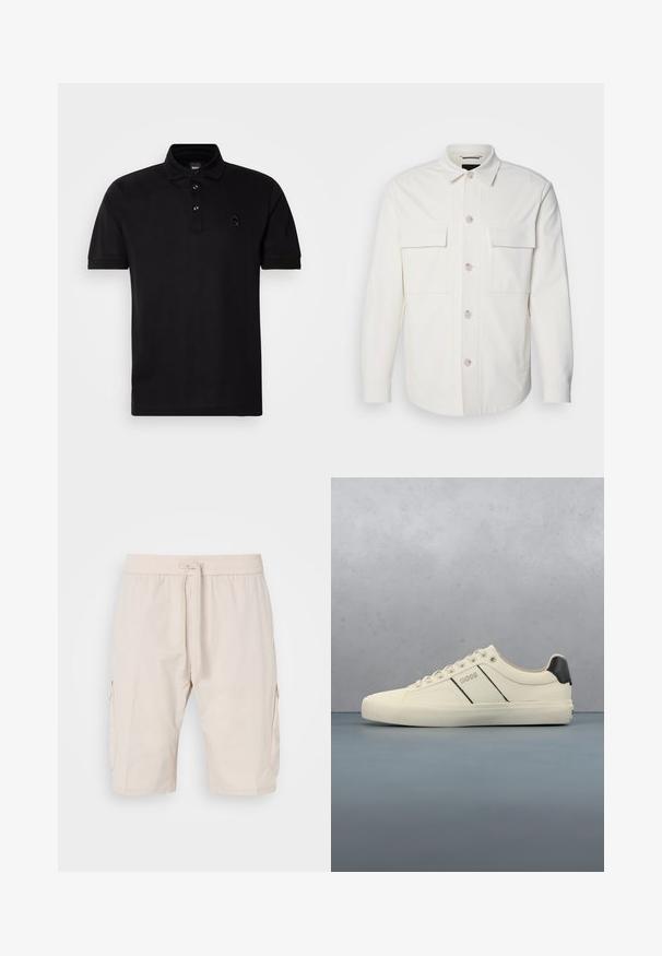 Weißes Hemd-Jackett aus weichem Stoff, mit zwei Fronttaschen, einer Knopfverschluss mit hellen Knöpfen und einem klassischen Kragen.; Schwarzes Polo-Shirt mit kurzen Ärmeln, dreiflächiger Knopfleiste und einem kleinen strukturierten Logo auf der Brust. Hergestellt aus glattem Stoff, enganliegendes Design.; Beige Cargo-Shorts mit einem elastischen Bund und Kordelzug, ausgestattet mit zwei Seitentaschen und einem glatten, leichten Stoff.; Cremfarbene Sneaker mit glatter Oberfläche, die schwarze Akzente und Markenlogo aufweisen. Klassisches Schnürdesign mit runder Zehenform und Gummisohle.