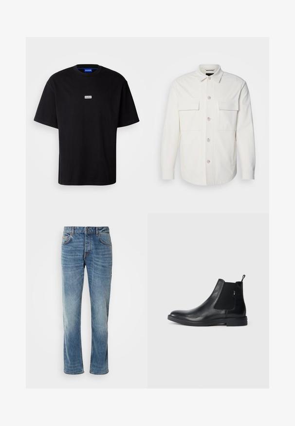 Hvid skjortejakke lavet af blødt stof, med to forlommer, en knaplukning med lyse knapper og en klassisk krave.; Sort bomulds t-shirt med rund hals, korte ærmer og et hvidt rektangulært "HUGO" logo på brystet. Glat overflade, afslappet pasform.; Lyseblå denimbukser med lige ben, fem lommer, kontrasterende syninger og en falmet finish. Har en knap- og lynlåsåbning.; Sorte læder Chelsea støvler med elastiske sidepaneler, en pull-tab og en flad gummisål. Glat tekstur med minimal detaljer.