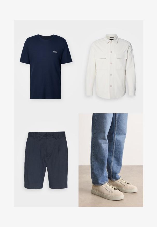 Witte shirtjas van zacht materiaal, met twee voorzakken, een knoopsluiting met lichte knopen en een klassieke kraag.; Marineblauwe t-shirt met korte mouwen van katoen, met een ribbeltextuur en een klein wit "BOSS" logo op de linkerkant van de borst.; Navyblauwe linnen shorts met een elastische tailleband, een koordsluiting en twee voorplooien. Heeft een ontspannen pasvorm en omgeborde benen.; BOSS GARYTENN_SDHDEL - Sneakers laag - natural ten