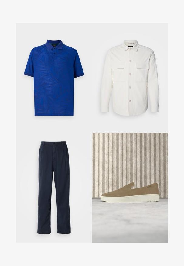 Chaqueta blanca de camisa hecha de una tela suave, con dos bolsillos frontales, un cierre de botón con botones de color claro y un cuello clásico.; Polo de manga corta en azul vibrante con un patrón texturizado de hojas de palma, con cuello y tapeta de tres botones. Tejido suave.; Pantalones azul marino de mezcla de algodón. Cuentan con un diseño de pierna recta, cierre frontal con boton, y pliegues sutiles. Textura suave.; Zapato beige sin cordones con suela blanca, mostrado en el aire sobre una alfombra clara con muebles transparentes de color ámbar al fondo.