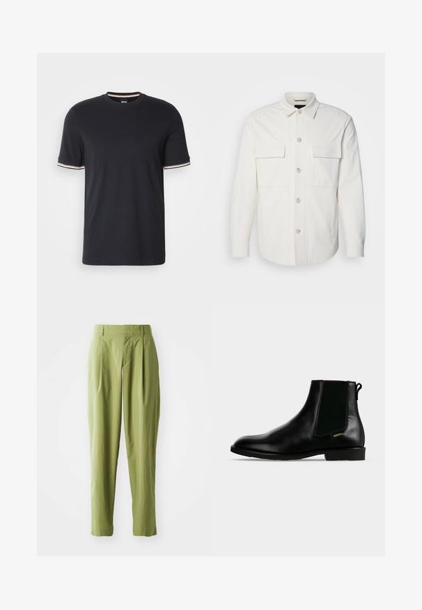 Veste blanche en tissu doux, dotée de deux poches avant, d'une fermeture à boutons avec des boutons de couleur claire et d'un col classique.; T-shirt en coton noir avec un col rond, des manches courtes et des accents rayés en blanc, orange et bleu au niveau des poignets.; Pantalons vert clair en tissu texturé, présentant une coupe droite, des plis à l'avant et une taille standard.; Bottine en cuir noir avec panneau latéral élastique, talon bas, languette à l'arrière et petit logo doré "HUGO" sur le côté extérieur.
