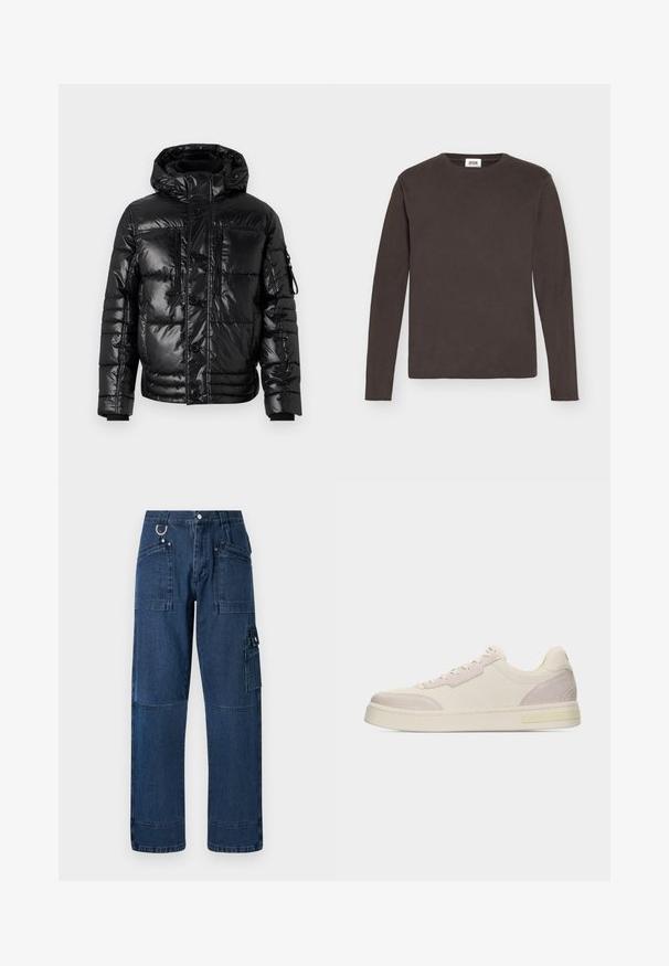 TOM TAILOR PUFFER JACKET - Winterjacke - shiny black; Einfaches dunkelbraunes Langarmshirt mit Rundhalsausschnitt, flach auf weißem Hintergrund liegend, mit einem kleinen weißen Markenetikett im Nacken.; Dunkelblaue Denim-Cargo-Hosen mit geradem Schnitt, ausgestattet mit mehreren Taschen, metallischen Beschlägen und Kontrastnähten.; Beiger Sneaker in niedriger Ausführung mit Veloursleder-Akzenten an Zehen- und Fersenbereich, Schnürverschluss und flacher Gummisohle vor weißem Hintergrund.