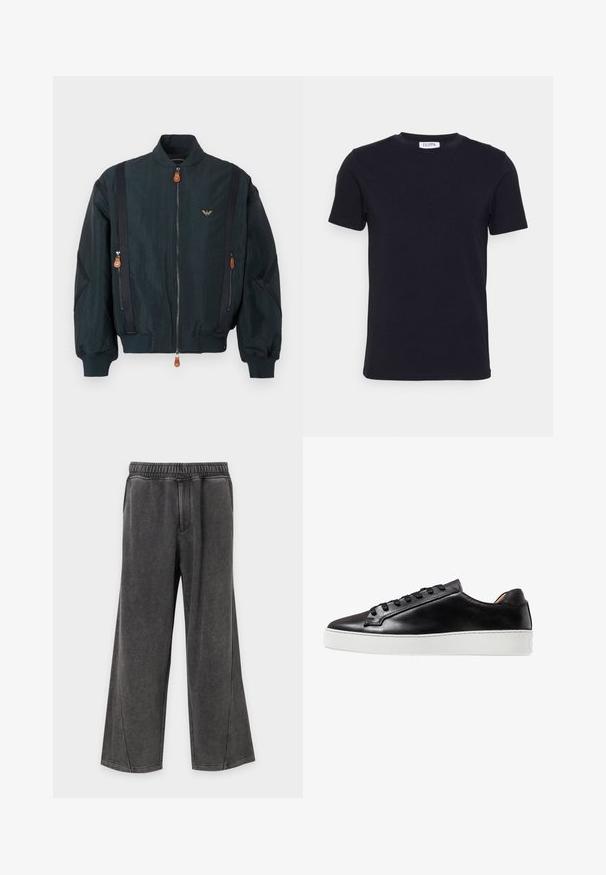 Mørk bomberjakke med et glat, let struktureret stof. Har lynlåse, læderdetaljer og et fremtrædende logo på brystet.; Sort kortærmet t-shirt med rund hals og et lille hvidt mærke indeni halsudskæringen.; Mørkegrå viddebukser med elastisk talje og to sidelommer, lavet af blødt og behageligt stof.; Sorte lædersneakers med en glat finish, der har en hvid gummisål, snøreføring og minimalistiske designaccenter.