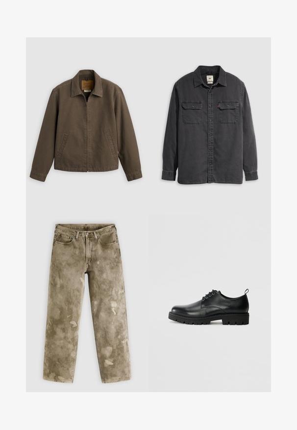 Veste marron zippée devant avec col et deux poches latérales, présentée à plat sur un fond clair.; Chemise noire à manches longues avec un devant boutonné, un col et deux poches poitrine. Fabriquée en coton avec une texture douce et une coupe décontractée.; Jean large couleur kaki avec une texture usée, présentant des éclaboussures de peinture claires et un design à cinq poches. Confectionné en denim.; Chaussure en cuir noir à bout arrondi, présentant un design à lacets, une semelle en caoutchouc noire robuste et un petit onglet de talon à l'arrière.
