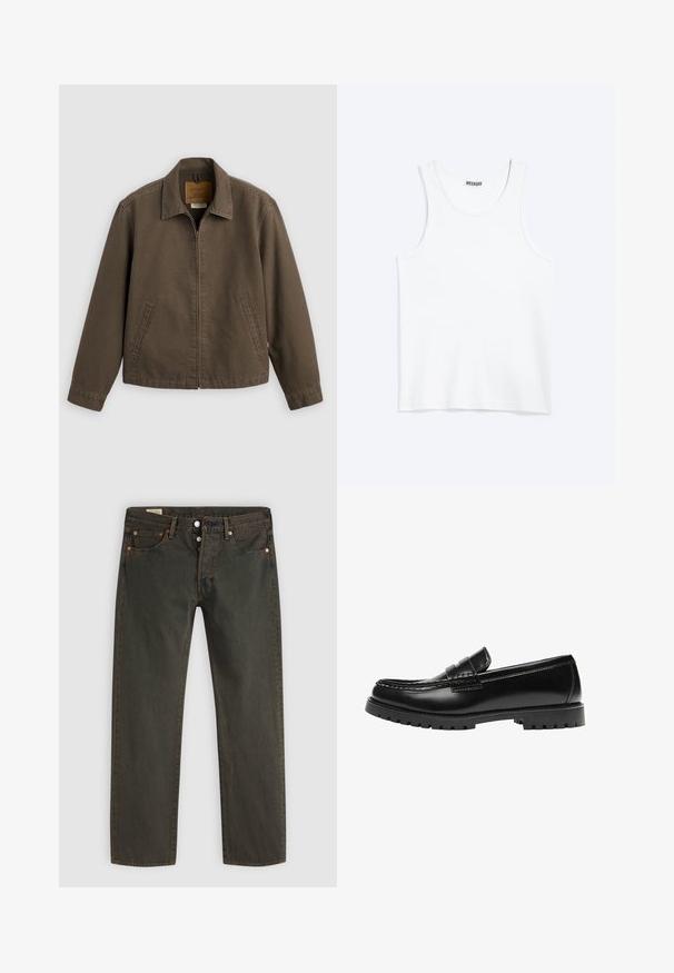 Veste marron zippée devant avec col et deux poches latérales, présentée à plat sur un fond clair.; Débardeur blanc sans manches avec col rond et étiquette de la marque Weekday à l'intérieur du col arrière, présenté à plat sur un fond clair.; Jean en denim vert foncé, avec une coupe droite, cinq poches, des éléments en métal cuivre et un léger délavage.; Mocassin en cuir noir avec une semelle en caoutchouc épaisse et un détail classique de bride à monnaie, vu de côté extérieur.