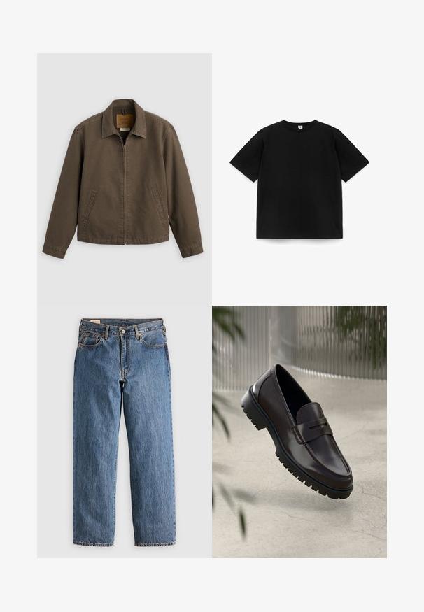 Brun lynlåsjakke med krave og to sidelommer, vist fladt på en lys baggrund.; Plain sort kortærmet T-shirt med rund hals liggende fladt på en hvid baggrund, vist fra fronten uden synlige logoer eller designs.; Blå denimjeans med lige snit, der har høj talje, kobbernitter og orange syninger. Foran og bagpå er der lommer.; Brune læder loafers med en tekstureret, rippet gummisål. Har et slankt design og et dekorativt bånd over vristen.
