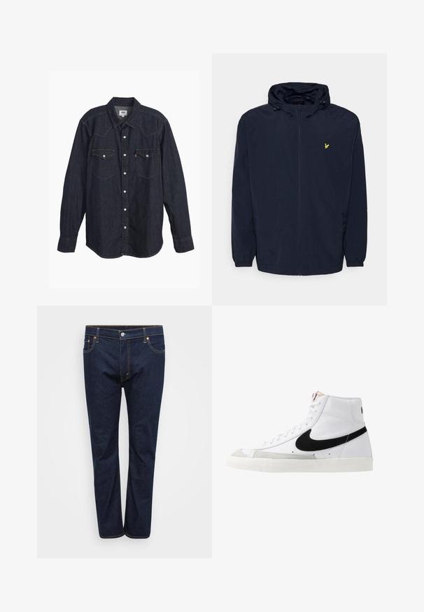 Veste à capuche bleu marine avec fermeture éclair frontale, poignets élastiques, cordons de capuche ajustables et petit logo d'oiseau brodé jaune sur la poitrine.; Chemise en denim foncé à manches longues avec col pointu, deux poches poitrine, boutons blancs et coutures jaunes contrastantes. Tissu lisse et solide.; Jean en denim bleu foncé à jambe droite, avec des coutures visibles en jaune contrasté, cinq poches et une fermeture à bouton à l'avant.; Baskets montantes blanches avec un swoosh noir, un capuchon de pied texturé gris et une semelle plate blanche. Elles possèdent six œillets et des accents cousus.