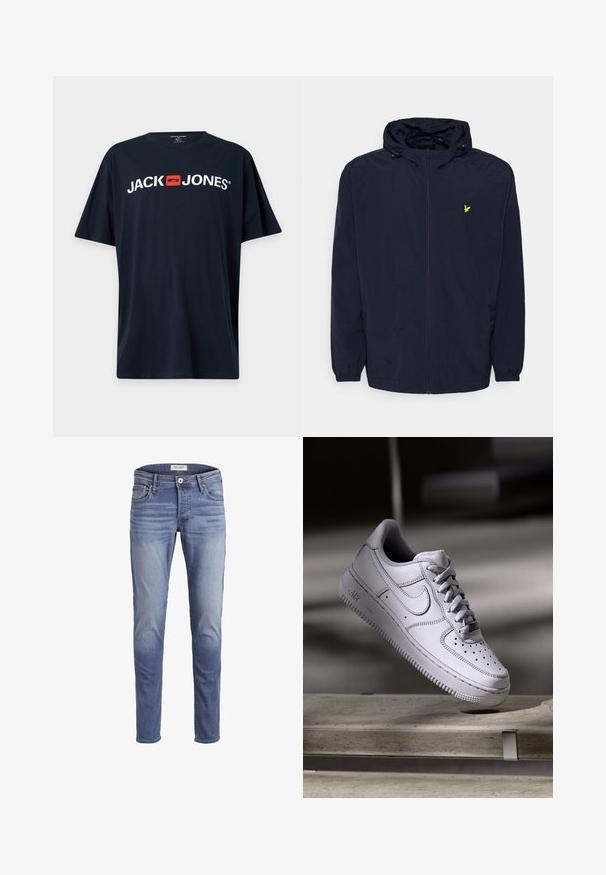 Mørkeblå hættejakke med frontlynlås, elastiske manchetter, justerbare hætteledninger og lille gul broderet fuglelogo på brystet.; Sort T-shirt med korte ærmer med hvid "JACK JONES" tekst og et rødt firkantet logo centreret på brystet.; Smalpassende blå jeans lavet af denim, med en falmet vask, fem lommer og en lynlås i front med knaplukning.; Hvid læder Nike Air Force 1 sneaker med perforeret tå, flade snørebånd og tekstureret gummisål med "AIR" branding på siden.