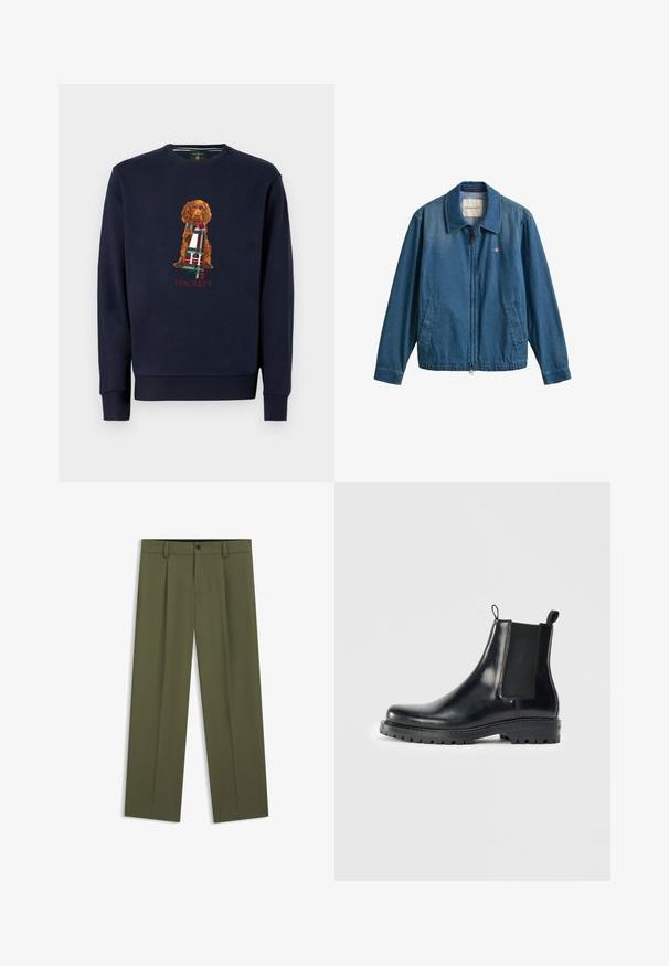 Blauwe denim jas met ritssluiting, kraag, twee voorzakken en klein GANT-logo op de linkerborst.; Marineblauwe sweatshirt met lange mouwen, gekenmerkt door een bruine hond die een geruite sjaal vasthoudt; onder het ontwerp staat in het rood de tekst "Hackett". Gemaakt van zacht katoen.; Olijfgroene broek met rechte pijpen, riemlussen, een voorste knoop en ritssluiting, plat liggend op een witte achtergrond.; Zwarte leren Chelsea laarzen met elastische zijpanelen, een lus voor gemakkelijke aan- en uittrekken, en een robuuste rubberen zool met een gestructureerde grip.