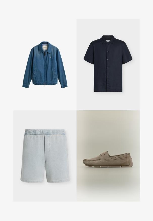 Μπλε denim μπουφάν με φερμουάρ και γιακά, δύο μπροστινές τσέπες και μικρό λογότυπο GANT στο αριστερό στήθος.; Μαύρο κοντομάνικο πουκάμισο με κουμπιά και κλασικό γιακά, εμφανίζεται σε απλό ανοιχτό φόντο.; Ανοιχτό μπλε τζιν σορτς με ελαστική μέση και λεπτή υφή, εμφανισμένα επίπεδα σε απλό λευκό φόντο.; Μπέζ μοκασίνι από σουέτ με ραφές moc toe, λεπτομέρεια κορδονιών, διαχωρισμένη σόλα και λογότυπο Calvin Klein στο πλάι και στην ταμπέλα της φτέρνας.