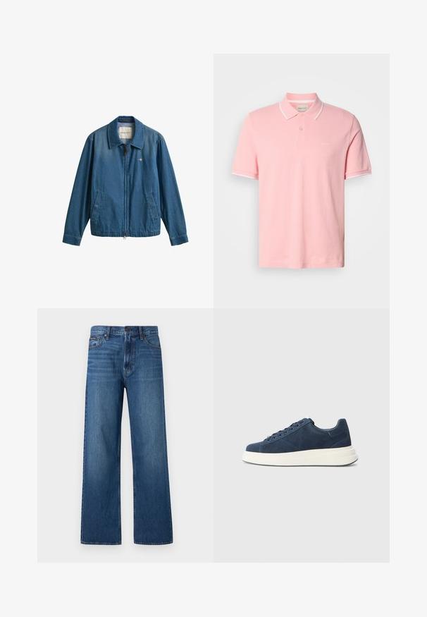 Μπλε denim μπουφάν με φερμουάρ και γιακά, δύο μπροστινές τσέπες και μικρό λογότυπο GANT στο αριστερό στήθος.; Ανοιχτό ροζ πόλο μπλουζάκι με κοντά μανίκια, δύο κουμπιά, λευκή περίμετρος στην γιακά και τα μανίκια, και μικρό λογότυπο GANT στο στήθος.; Μπλε τζιν παντελόνι με ψηλή μέση και ίσια γραμμή, με κουμπί και φερμουάρ μπροστά, πέντε τσέπες και ένα μικρό διακριτικό με το λογότυπο στη δεξιά τσέπη.; Ναυτικές σουέντ αθλητικά παπούτσια με λευκή καουτσούκ σόλα, διαθέτουν έξι οπές για κορδόνια, υφή επένδυσης και μινιμαλιστικό σχέδιο με διακριτικές ραφές.