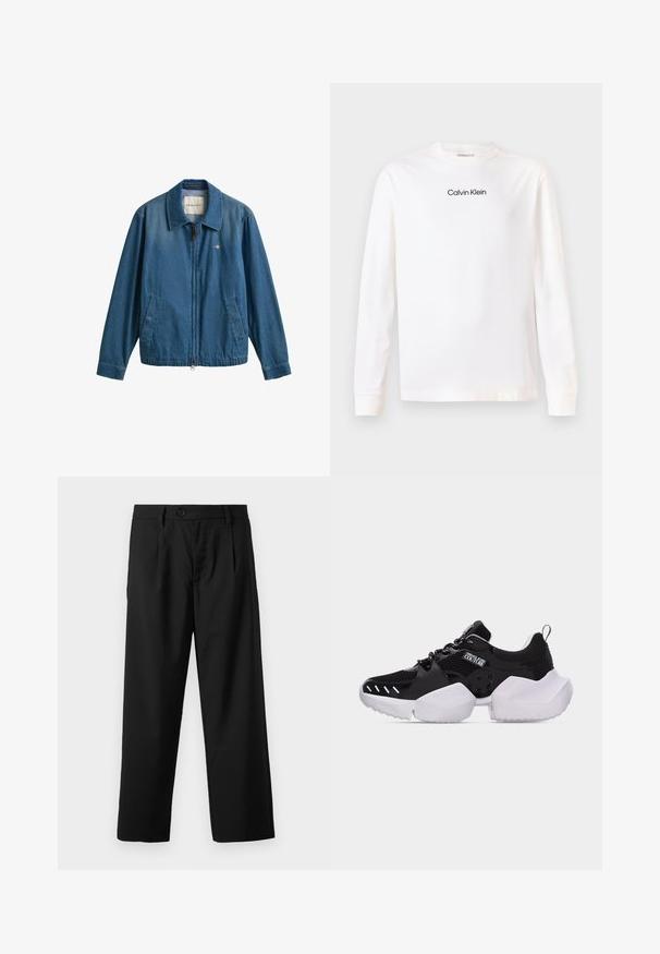 Blå denim lynlåstrøje med krave, to forlommer og lille GANT-logo på venstre bryst.; Hvid langærmet t-shirt med rund hals, hvor "Calvin Klein" logoet er trykt i sort centreret på brystet.; Sorte bukser med lige pasform, der har en enkelt knaplukning, to for-lommer og en glat, let stofstruktur.; Sort-hvid chunky sneaker med mesh og læderpaneler, tyk sål og "Versace Jeans Couture"-logo på siden.