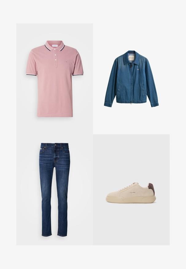 Blå denim lynlåstrøje med krave, to forlommer og lille GANT-logo på venstre bryst.; Lyserød polo shirt med en to-knaps stolpe, ribbet krave med marineblå og hvide striber og et diskret logo broderet på brystet.; Mørkeblå denimjeans med lige pasform, der har fem lommer, knaplukning og synlige syninger langs sømmene.; Beige ruskind sneakers med rund tå, snørret foran og en brun ruskindsdetalje på hælen. Har en tekstureret gummisål.