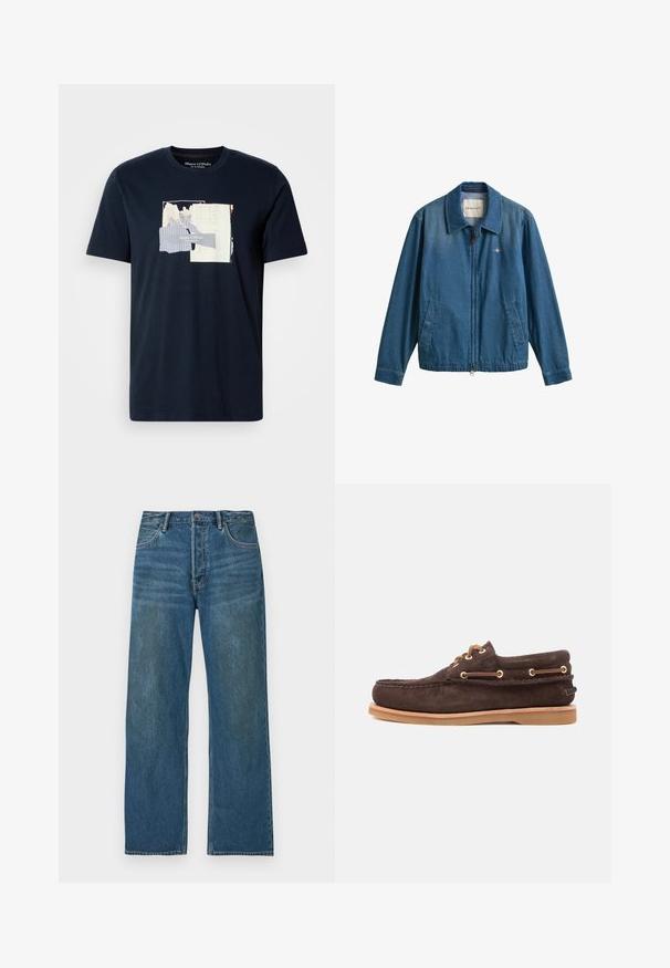 Blauwe denim jas met ritssluiting, kraag, twee voorzakken en klein GANT-logo op de linkerborst.; Navyblauwe katoenen T-shirt met korte mouwen, voorzien van een gelaagde grafische print in lichte kleuren en tekst in het midden.; Blauwe hoge taille spijkerbroek met rechte pijpen, knoopsluiting, voorkruiszakken en vervaagde details op de dijen en knieën.; Bruine suède bootshoe met leren veters, gouden oogjes, gestikte moc toe en lichtbruine rubberen zool op een witte achtergrond.