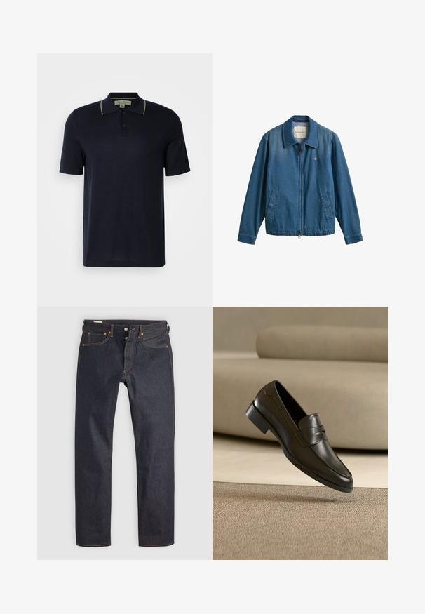 Μπλε denim μπουφάν με φερμουάρ και γιακά, δύο μπροστινές τσέπες και μικρό λογότυπο GANT στο αριστερό στήθος.; Σκούρο μπλε κοντομάνικο πόλο μπλουζάκι με δύο κουμπιά και διακριτική μπεζ περιθήκη στον γιακά, εκτεθειμένο σε απλό φωτεινό φόντο.; Σκούρο μπλε τζιν με ευθεία γραμμή στα πόδια, με πορτοκαλί ραφές και κλασική σχεδίαση με πέντε τσέπες. Κούμπωμα με κουμπί και φερμουάρ.; Μαύρο μοκασίνι από δέρμα που αιωρείται πάνω από μπεζ χαλί με μπεζ καναπέ στο φόντο, παρουσιάζοντας το κλασικό ανδρικό σχέδιο χωρίς κορδόνια.
