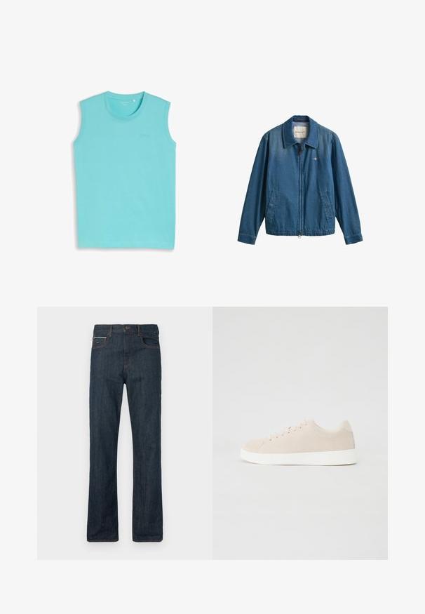 Veste en jean bleue zippée avec col, deux poches avant et petit logo GANT sur la poitrine gauche.; Débardeur turquoise à col rond avec un logo discret sur la poitrine, présenté sur un fond gris clair.; Jean en denim foncé avec un design de jambe droite, coutures orange, cinq poches et une braguette à boutons. Le matériau est épais et texturé, typique du denim.; Baskets en daim beige avec semelles en caoutchouc blanc, bout rond et six œillets pour les lacets. Texture lisse avec un design minimaliste.