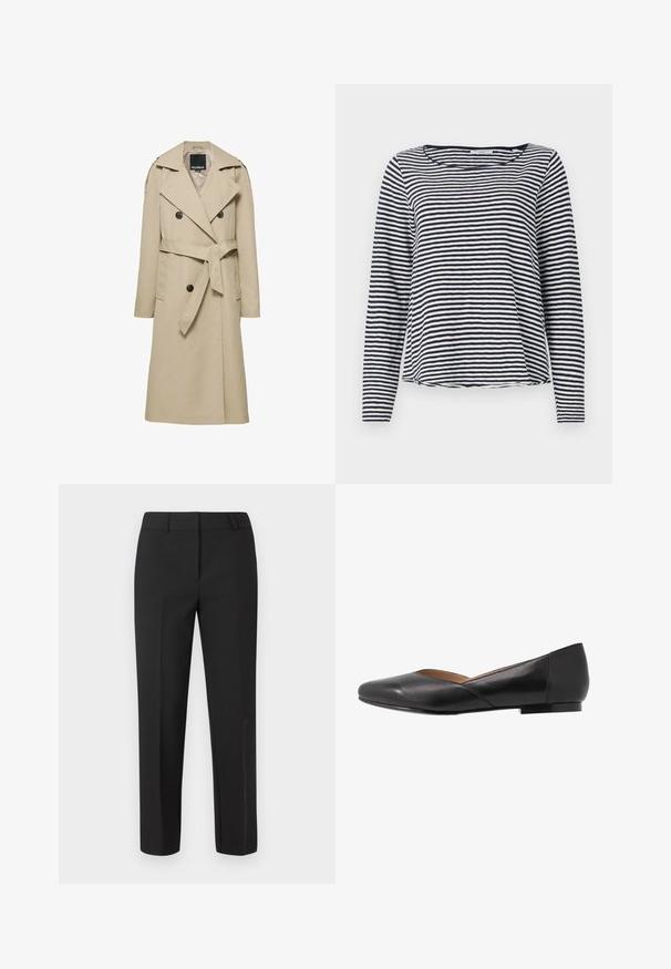 Trench-coat beige croisé à ceinture à la taille, larges revers, pattes d'épaule boutonnées et poches avant.; T-shirt à manches longues rayé bleu marine et blanc, avec un col rond et une coupe décontractée. Confectionné en tissu léger et texturé.; Pantalon noir sur mesure avec une coupe droite, taille plate et sans ornements visibles. Fabriqué dans un tissu lisse avec une finition nette.; Chaussure plate en cuir noir avec un bout pointu, un talon bas et un design supérieur légèrement ouvert. Texture lisse avec des détails de couture minimalistes.