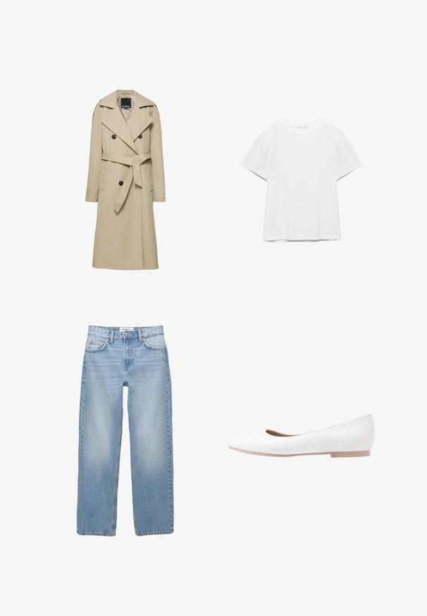 Trench-coat beige croisé à ceinture à la taille, larges revers, pattes d'épaule boutonnées et poches avant.; T-shirt blanc uni à manches courtes et col rond, avec un ourlet droit, présenté sur un fond blanc.; Jean en denim bleu clair avec une coupe droite, style cinq poches et des détails de couture visibles. Le tissu a une texture douce et légèrement décolorée.; Chaussure plate blanche avec un extérieur en cuir lisse, bout rond, profil bas et semelle rose subtile. Design minimaliste, sans embellissements visibles.