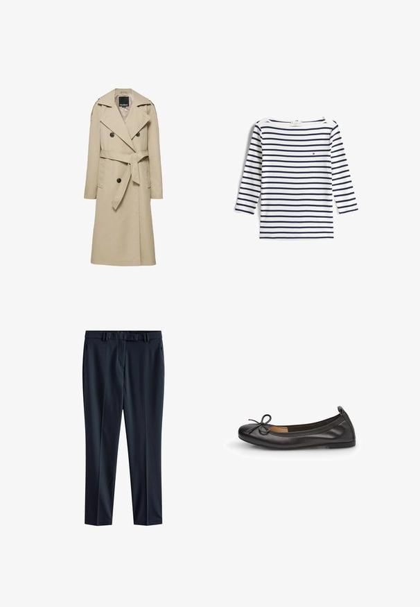 Beige dubbelgeknoopte trenchcoat met een tailleriem, brede revers, genopte schouderriemen en voorzakken.; Wit overhemd met lange mouwen met marineblauwe horizontale strepen en een klein rood, wit en blauw logo op de linkerborst.; Marineblauwe broek van gladde stof met een rechte snit, voorzien van een tailleband met riemlussen en zijzakken.; Zwarte leren ballerina met een ronde neus, slank strikdetail aan de voorkant en elastische rand voor een veilige pasvorm. Platte zool voor comfort.