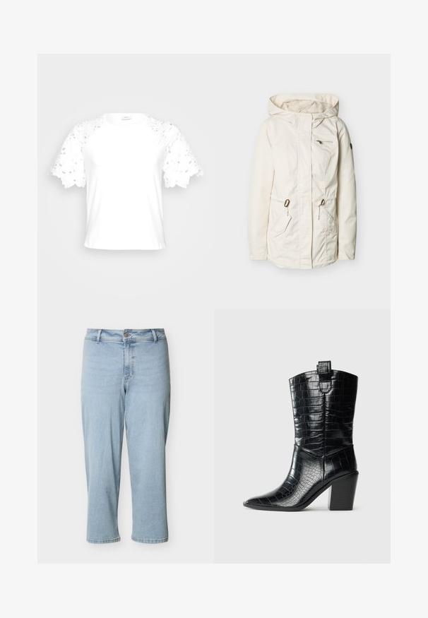 Hvid hættetrøje med lynlås foran, to sidelommer med snoretræk og en lynlåslomme på brystet, vist mod en ensfarvet baggrund.; Hvid t-shirt med dekorative blonderærmer, der har et enkelt, rent design og rund hals.; Lyseblå højttaljede jeans med lige ben, knap- og lynlåslukning, bæltestropper og kortet ankellængde.; Sort westernstøvle til midten af lægen med spids tå, blokhæle og blank lædertekstur med krokodillepræg mod hvid baggrund.