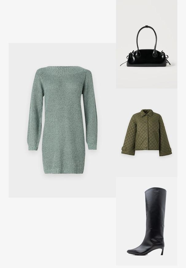 Quilted olivengrøn jakke med krave, store knapper og klokkeærmer. Har diagonale sting og sidelommer.; Strikket kjole i lysegrøn med lange ærmer, en bred halsudskæring og struktureret stof. Har en lige pasform og ribbet kant.; Knæhøj sort læderstøvle med spids tå og slank, høj hæl. Glat tekstur med minimal hardware og mærkelogo nær toppen.; Lille sort blank håndtaske med to lange håndtag og snøre-detaljer i siden på en ensfarvet lys baggrund.