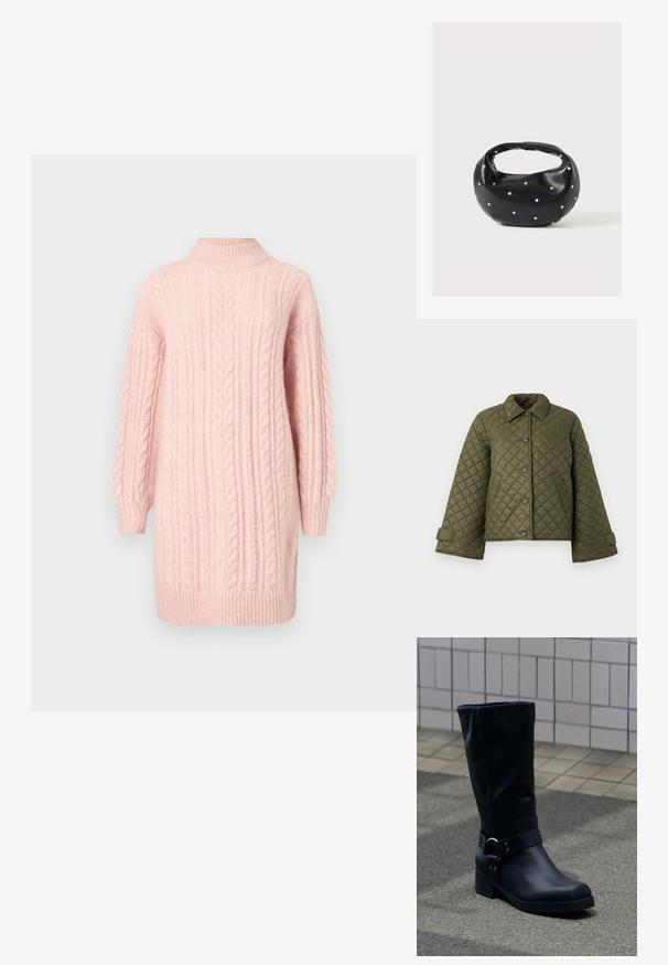 Quilted olivengrøn jakke med krave, store knapper og klokkeærmer. Har diagonale sting og sidelommer.; Blød lyserød kabelstrikket sweaterkjole med lange ærmer og ribbet høj hals, kant og manchetter på en hvid baggrund.; Sort læderstøvle midt på læggen med lav blokhæle og en dekorativ rem med metal spænde rundt om anklen, på en flisebelagt fortov.; Sort læderhåndtaske med en rundet form, dekoreret med sølvnitter, og et kort håndtag. Glat tekstur og lynlåslukning.