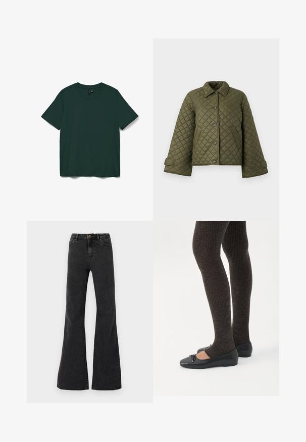 Quilted olivengrøn jakke med krave, store knapper og klokkeærmer. Har diagonale sting og sidelommer.; Mørkegrøn kortærmet t-shirt lavet af blødt stof. Har en rund halsudskæring og et enkelt, lige snit. Ingen mønstre eller udsmykning.; Sorte flare jeans lavet af denim, med høj talje, forlommer og synlige sømme. Glat tekstur med en let glans.; Ben iført mørke ribbede leggings kombineret med sorte balletsko med små sløjfedetaljer på hvid baggrund.