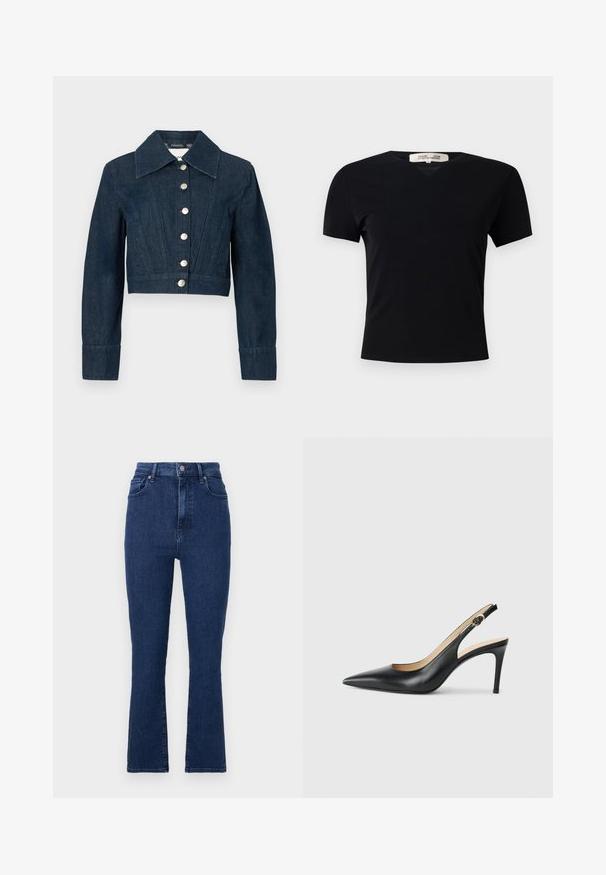 Dunkelblaue, kurz geschnittene Jeansjacke mit langen Ärmeln, weitem Kragen und senkrechten Frontnähten, geschlossen mit sechs weißen Knöpfen.; Schwarzes T-Shirt mit kurzen Ärmeln und V-Ausschnitt, aus einem glatten, elastischen Stoff hergestellt. Besitzt eine einfache, klassische Silhouette ohne Verzierungen.; Dunkelblaue, hoch geschnittene Jeans aus Denimstoff mit geradem Bein, die vordere Taschen und einen Metallknopfverschluss aufweisen.; Schwarze Leder-Slingback-High-Heels mit spitzem Zehenbereich, verstellbarem Riemen und schlankem Stiletto-Absatz, ausgestattet mit einer glatten Oberfläche.