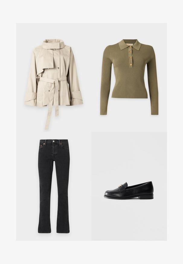 Trench-coat court beige avec col montant, boutons-pression double boutonnage, manches longues, larges poignets, poches devant et ceinture à nouer à la taille.; Polo en maille côtelée vert olive à manches longues avec quatre boutons en bois et un col classique, présenté sur un fond uni.; Jean noir droit avec fermeture à boutons et fermeture éclair, poches avant et passants pour ceinture.; Mocassin en cuir noir avec un petit talon et un emblème décoratif en or sur la sangle, présenté sur un fond gris clair uni.