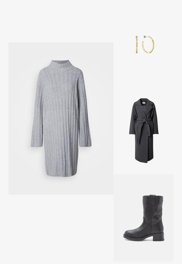 LeGer by Lena Gercke DENA - Klassikaline mantel - graumeliert; Hall hõlmadega, soonikuga tekstuuriga ja pika varrukaga hall kudum Kleid. Pehme kangas, mis on vabalt lõigatud, ulatudes reie keskpaikani.; Mustast nahast pahkluu saapad, millel on ruudukujuline varvas, madal ploki konts, külgedel elastsed paneelid ja taga käepide mugavaks selga panemiseks.; Kullatud tooni rõngas kõrvarõngad siledast, poleeritud pinnast. Omab lihtsat disaini, mõõtudega umbes keskmise suurusega. Hõbedatooni riistvara aktsendid.