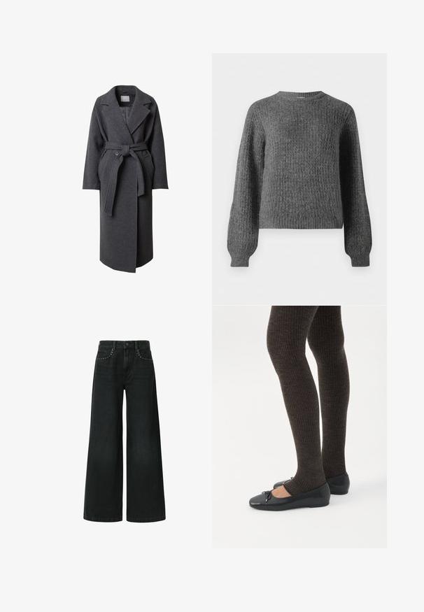 LeGer by Lena Gercke DENA - Klassisk frakke - graumeliert; Grå, tekstureret striktrøje med rund halsudskæring og lange ærmer; har et subtilt mønster over hele trøjen og en afslappet pasform ved hoften.; Bredde ben sorte jeans lavet af denim, med et klassisk fem-lomme design og dekorative nitter nær frontlommerne.; Ben iført mørke ribbede leggings kombineret med sorte balletsko med små sløjfedetaljer på hvid baggrund.