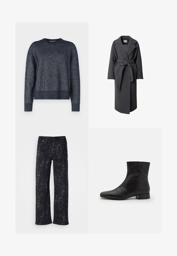 LeGer by Lena Gercke DENA - Klassisk frakke - graumeliert; Marineblå strikket sweater med rund halsudskæring, lange ærmer og en tekstureret overflade med subtile metalliske tråde throughout.; Sorte leopardmønstret bukser i løs pasform. Lavet af blødt stof med en glat tekstur. Med lynlås og knaplukning.; Sort læder ankelstøvle med spids tå, glat tekstur, minimalistisk design og en lav blokhæl. Sidelukning går op til anklen.