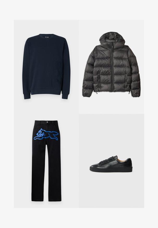 Mustapufferi takki hupulla, jossa on vetoketjukiinnitys, kaksi sivutaskua ja tikattu rakenne. Valmistettu kevyestä, eristävästä materiaalista.; Tummansininen crewneck-huppari, jossa on tekstuuri "EAT" -kuvio vasemmalla etupuolella. Valmistettu pehmeästä kankaasta, jossa on hihansuut ja hienovarainen joustava helma.; Musta farkut rentona istuvalla leikkauksella, joissa on elävä sininen graafinen kuva hyppäävästä kissasta edessä. Klassinen viiden taskun muotoilu.; Musta nahkakenkä, jossa on sileä pinta, pyöreä kärki ja nauhakiinnitys. Varusteena paksu kumipohja ja minimaalinen brändäys.