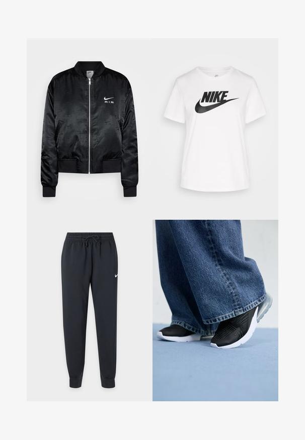 Chaqueta bomber negra hecha de un tejido liso y brillante, con cierre frontal de cremallera, puños acanalados y logotipo "AIR" en relieve en el pecho.; Camiseta de algodón blanca con cuello redondo, mangas cortas y un gran logo negro de Nike impreso en el pecho. Textura suave y diseño casual.; Pantalones de chándal negros Nike con cinturilla elástica y cordón, piernas ajustadas, tobillos con puños y pequeño logo blanco de Nike en el muslo derecho.; Zapatillas deportivas negras con detalles de malla, suela blanca y amortiguación de aire visible, combinadas con jeans de pierna ancha de mezclilla azul.