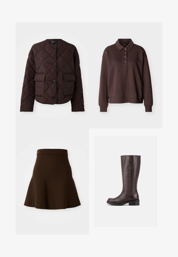 Quilted brun jakke med rund halsudskæring, fire knapper og to frontlomme med glat tekstur og diamantmønster.; Brun langærmet poloshirt med fire knapper, ribstrikkede ærmeender og ribstrikket kant mod en ensfarvet hvid baggrund.; Brun udvidet nederdel lavet af et blødt stof med en glat tekstur. Har en tætsiddende talje og et knælangt design, uden synlige mønstre.; Høj mørkebrun læderstøvle med lav blokhæl og rundet tå, vist fra siden på en ensfarvet hvid baggrund.