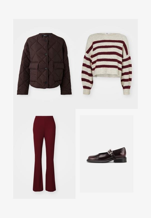Veste marron matelassée avec un col rond, quatre boutons et deux poches plaquées à l'avant, dotée d'une texture lisse et d'un motif en losange.; Pull court rayé crème et bordeaux avec un large col, des épaules tombantes et des poignets côtelés. Fabriqué en matière tricotée douce.; Pantalons évasés côtelés bordeaux avec une taille élastique. Ils présentent une texture lisse et une silhouette ajustée qui s'étend jusqu'à un ourlet évasé.; Chaussure Mary Jane unique brillante couleur bordeaux foncé avec une large bride et une boucle argentée, talon bloc bas et bout arrondi sur fond blanc.