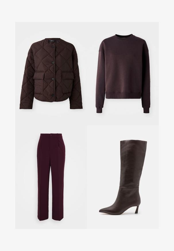 Quilted brun jakke med rund halsudskæring, fire knapper og to frontlomme med glat tekstur og diamantmønster.; Mørkebrun sweatshirt i en blød bomuldsblanding med rund hals, lange ærmer og ribbede kanter og kant for et tætsiddende udseende.; Bordeaux skræddersyede bukser i lige pasform, med knaplukning og folder, lavet af et glat stof med mat finish.; Steve Madden LAVAN - Høje støvler/ Støvler - brown