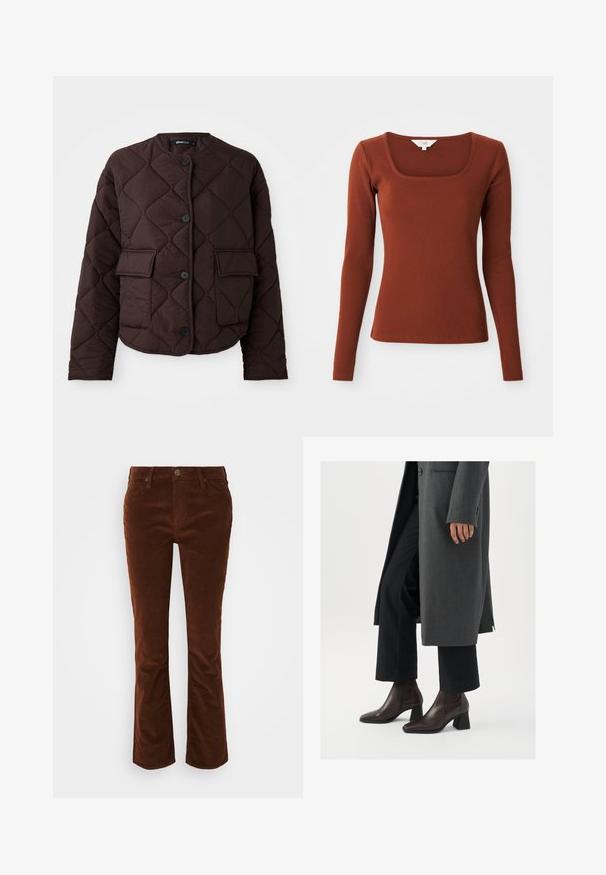 Veste marron matelassée avec un col rond, quatre boutons et deux poches plaquées à l'avant, dotée d'une texture lisse et d'un motif en losange.; Haut à manches longues côtelé de couleur rouille avec un décolleté carré, une silhouette ajustée, et une petite étiquette de marque au niveau du col.; Pantalons en velours côtelé marron évasés avec une texture lisse, présentant une braguette zippée et un bouton de fermeture, ainsi qu'un design standard à cinq poches.; Bottines à talons hauts en cuir marron foncé avec un bout pointu et un talon carré, associées à un pantalon noir et un manteau gris.