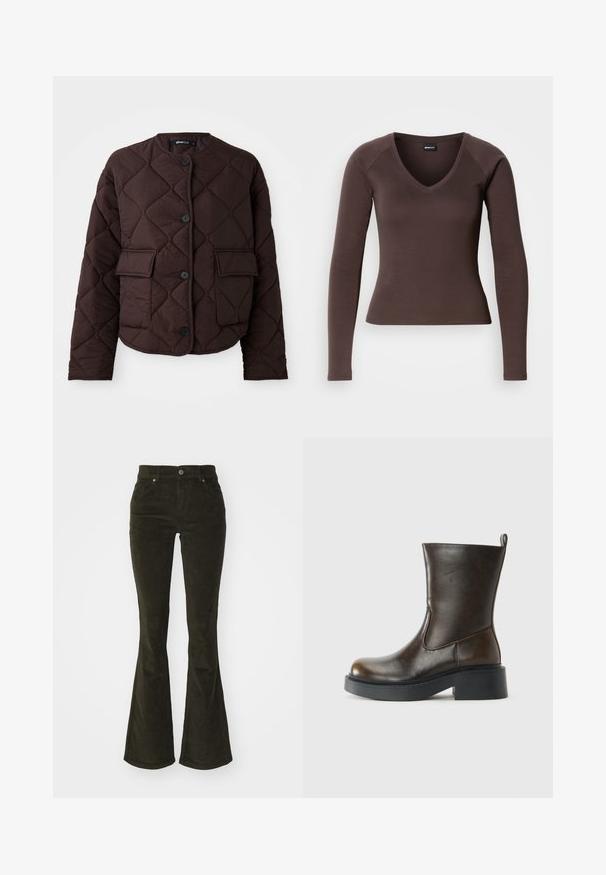 Veste marron matelassée avec un col rond, quatre boutons et deux poches plaquées à l'avant, dotée d'une texture lisse et d'un motif en losange.; Haut à manches longues marron en V, à la silhouette ajustée, fabriqué en tissu extensible doux, avec des manches raglan et des ourlets nets.; Pantalons en velours côtelé évasés de couleur vert foncé. Comprend des poches avant, une fermeture à bouton, et un tissu doux et texturé avec un motif en relief.; Botte en cuir marron foncé jusqu'au mollet avec un bout rond, épaisse semelle noire, petit talon block, et une languette à l'arrière.