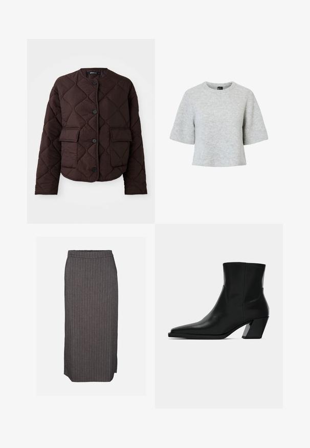 Chaqueta marrón acolchada con cuello redondo, cuatro botones y dos bolsillos frontales tipo parche, con una textura suave y un patrón de diamantes.; Suéter gris de manga corta hecho de tela de punto texturizada, con escote redondo y diseño corto. Sin patrones ni detalles visibles.; Falda lápiz gris oscuro con finas rayas blancas verticales y una pequeña abertura lateral sobre un fondo liso.; Bota de tobillo de cuero negro con punta afilada, una silueta elegante y un tacón cuadrado grueso. Textura suave con detalles de costura mínimos.