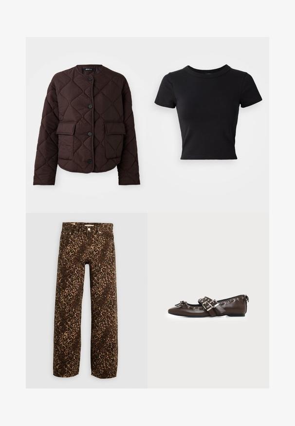 Quilted brun jakke med rund halsudskæring, fire knapper og to frontlomme med glat tekstur og diamantmønster.; Sort cropped t-shirt lavet af solid bomuld, med korte ærmer og rund halsudskæring, med et glat og enkelt design.; Bordeaux og tan leopardprint brede benjeans. Fremstillet af denim, med et klassisk fem-lomme design og metalhardwaredetaljer.; Mørkebrune lædersko med flad sål og spids snude, dobbelt sølvsnørrebånd, metaløjer og dekorativ sløjfe foran.