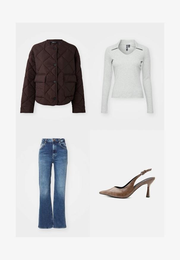 Chaqueta marrón acolchada con cuello redondo, cuatro botones y dos bolsillos frontales tipo parche, con una textura suave y un patrón de diamantes.; Top de manga larga en un gris claro, con escote en V y cuello, fabricado en un suave tejido texturizado que presenta un diseño ajustado y un detalle mínimo.; Vaqueros de tiro alto con campana en una mezclilla azul medio. Diseño de cinco bolsillos con cierre de botón frontal. Presenta un lavado desgastado y costuras en contraste.; Zapato destalonado de piel marrón con tacón alto, punta estrecha, tira ajustable con hebilla y tacón delgado y cónico.