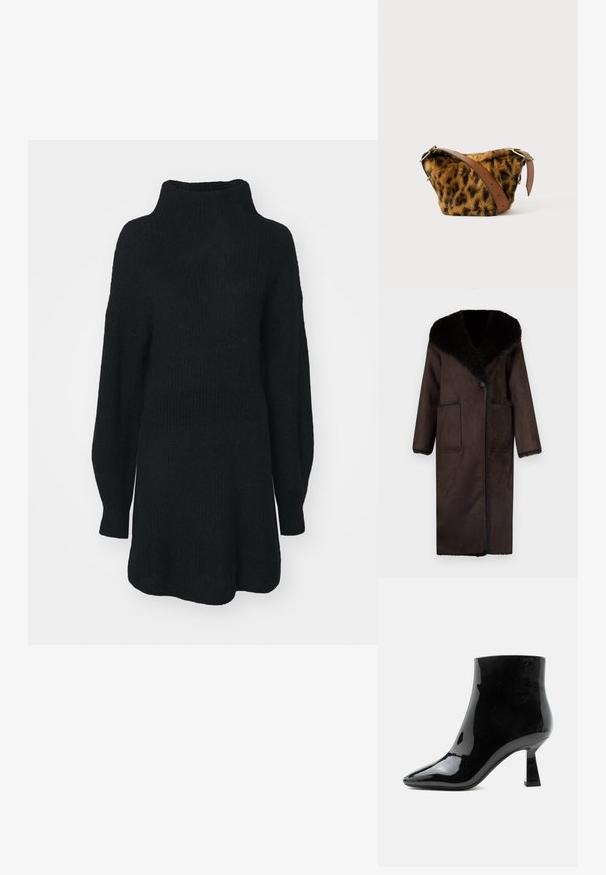 Langer brauner Mantel aus weichem Material, mit einem schwarzen Kunstpelzkragen, zwei Fronttaschen und einem einzelnen Knopfverschluss.; Schwarzer Strickpullover mit hohem Kragen, langen Ärmeln und lockerer Passform. Strukturierten Stoff mit lockerer Silhouette und ohne sichtbare Muster.; Schwarzer glänzender Lackleder-Stiefelette mit spitzer Zehenpartie und ausgestelltem mittelhohem Absatz auf weißem Hintergrund.; Tasche aus Leopardenmuster-Kunstfell mit einem braunen Ledertragegriff, aufgerundetem Design und goldenen Hardware-Akzenten.