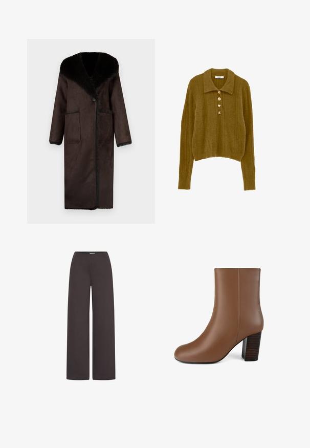 Lang brun frakke lavet af blødt materiale, med en sort kunstpelskrave, to forlommer og en enkelt knaplukning.; Strikket cardigan i olivengrøn med krave, lange ærmer og fire dekorative knapper med forskellige designs. Teksturen er blød og håret.; ICHI IHKATE WIDE PA2 - Bukser - chocolate torte; Brun læder ankelstøvle med en glat overflade, rund tå og en stablet blokhæl. Designet har en sømløs overdel og diskret syning.
