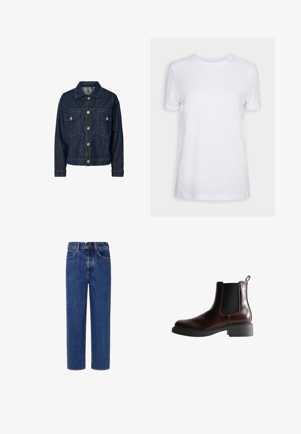 Dunkelblaues Denim-Jackett mit Kragen, vorderer Knopfverschluss, zwei Brusttaschen und langen Ärmeln mit geknöpften Manschetten.; Schlichtes weißes T-Shirt mit kurzen Ärmeln und Rundhalsausschnitt, normaler Passform und einem kleinen Innenhalsetikett mit der Aufschrift „SELECTED FEMME.“; Jeans aus Denim mit einer mittelblauen Waschung, geradem Bein, fünf Taschen und kontrastierenden Nähten an den Nähten.; Braune Leder-Boots mit elastischen Seitenteilen, runder Spitze und einer strukturierten schwarzen Gummisohle. Verfügt über kontrastierende Nähte und eine Ziehlasche.
