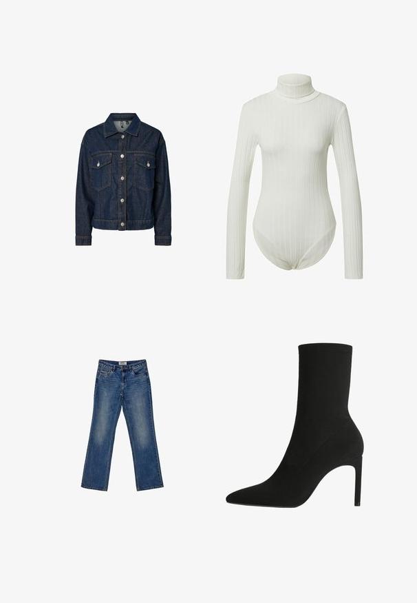Donkerblauwe denim jas met een gekraagde kraag, een sluiting met knopen aan de voorkant, twee borstzakken en lange mouwen met button-up manchetten.; EDITED VIOLA - Longsleeve - weiß; Vervaagde blauwe spijkerbroek met een rechte pijpdesign, vijf zakken en subtiele whiskering aan de voorkant. Bovenste knoop en ritssluiting.; Zwarte enkelboot gemaakt van zachte suede, met een spitse neus en hoge stilettohak. Minimalistisch ontwerp zonder zichtbare hardware of patronen.