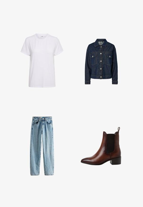 Donkerblauwe denim jas met een gekraagde kraag, een sluiting met knopen aan de voorkant, twee borstzakken en lange mouwen met button-up manchetten.; Kortebloemige witte T-shirt gemaakt van zachte katoen. Heeft een ronde hals en een eenvoudig, naadloos ontwerp zonder versieringen of patronen.; Lichtblauwe rechte jeans gemaakt van denim, met vijf zakken, een knoopsluiting en subtiele vervaagde gebieden voor textuur.; Bruine leren enkellaars met zwart elastisch zijpaneel, treklus aan de achterkant, lage blokhak en puntige neus.